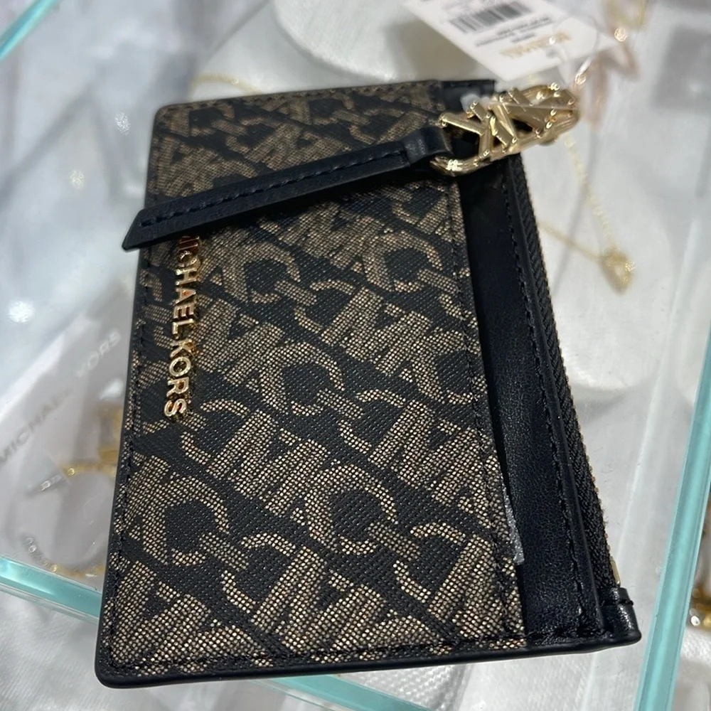 Michael Kors Empire Small Metallic Card Case COLOR BLACK/PALE GOLD NWT